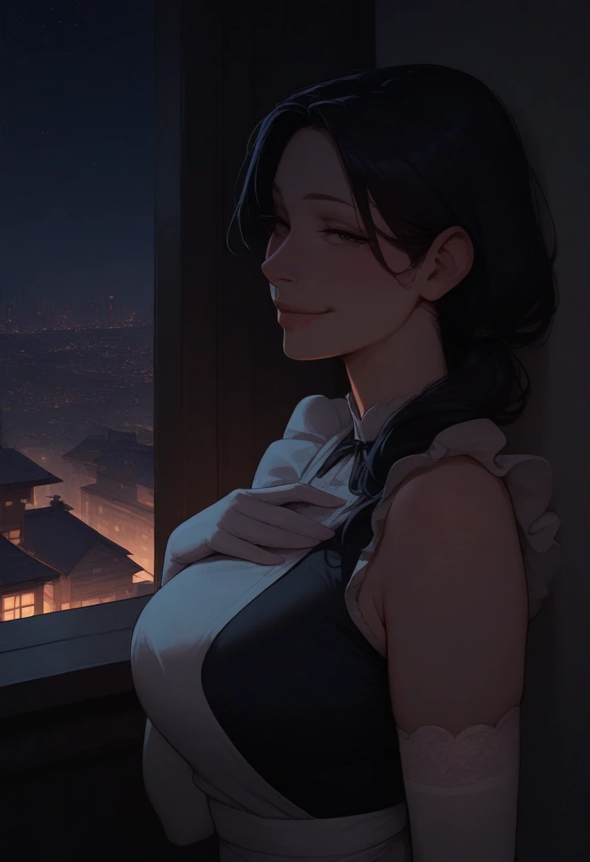 masterpiece, best quality, 1girl, solo, mature female, low side ponytail, one hand on own chest, maid, maid outfit, white elbow gloves, upper body, from side, looking at viewer, smile, balcony, night, starry sky, dark, city, cityscape, stylized