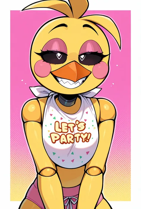 <lora:toychica-09:1> toychica, blush stickers, pink cheeks,  1girl, yellow skin, solo, robot joints, black sclera, heart pupils, orange beak,, bib, , pink panties, pink shorts, circular head, round head, circle head, animatronic,  yellow background, pink background, seductive pose, half closed eyes, white sclera, white eyes, smile, teeth, , blue pupils,, masterpiece, best quality, amazing quality, very aesthetic, absurdres, newest,, upper body, halftone effect, white borders, abstract background:1.2,