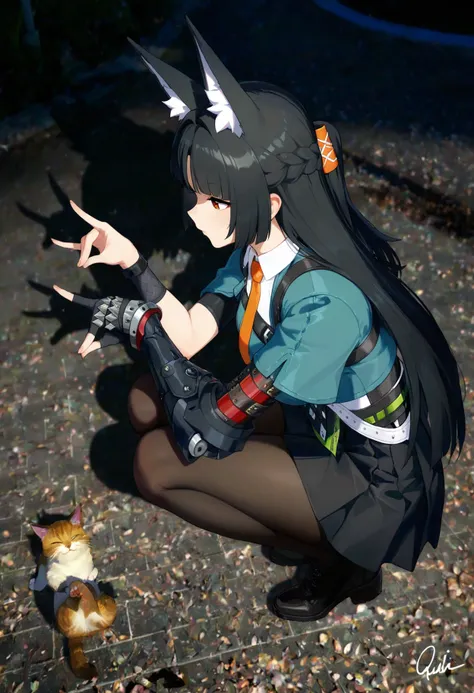 masterpiece, best quality, amazing quality, quilm, zenless zone zero, hoshimi miyabi, night, light from above, shadow, from above, 1girl, animal ears, black gloves, black hair, black pantyhose, black shoes, black skirt, braid, cat shadow puppet (meme), crossed arms, fingerless gloves, fox ears, fox girl, from side, gauntlets, gloves, hair ornament, half up braid, long hair, meme, pantyhose, photo background, screenshot background, shadow, shadow puppet, shoes, signature, single fingerless glove, single gauntlet, skirt, solo, squatting, , highres, absurdres,
,  <lora:Add_Details_v1.2:2>