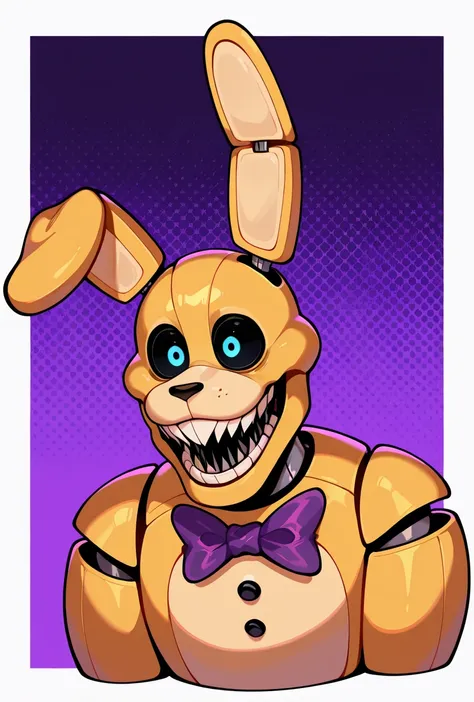 <lora:springbon:1> springbon, teeth, rabbit ears, blue eyes, black sclera, purple bowtie, sharp teeth, animatronic, robot joints,, 1boy, smile, big head, big mouth, wide jaw, wide face, dynamic pose,, massive head, , purple background, masterpiece, best quality, amazing quality, very aesthetic, absurdres, newest,, upper body, halftone effect, white borders, abstract background:1.2,