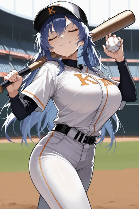 masterpiece, best quality, 1girl, solo, <lora:kurokamimedaka-illu-nvwls-v1-000006:1> kmimd, blue hair, long hair, big breasts, baseball uniform, white pants, baseball cap, closed eyes, smug, holding baseball bat over shoulder, stadium, walking