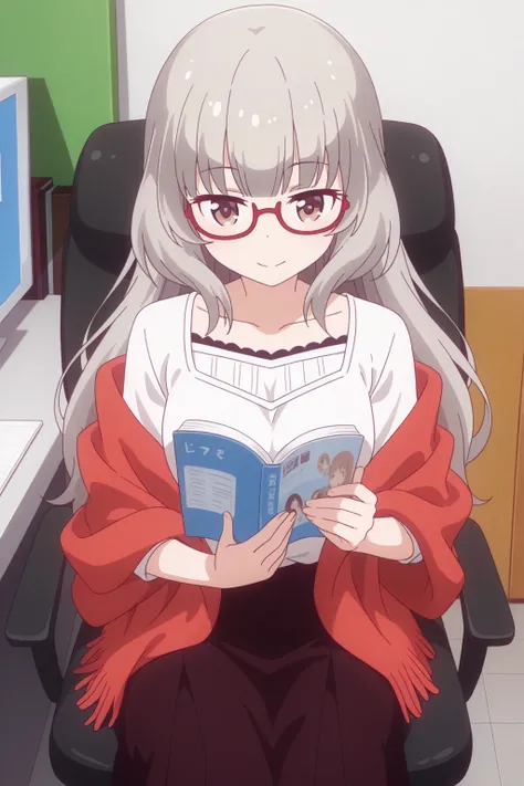 very awa, detailed eyes, shining eyes, masterpiece, best quality, ultra-detailed, (8k), (hdr), (ultra-detailed), absurdres, looking at viewer, solo, 1girl, girl, indoors, office, smile, aashizuku, brown eyes, grey hair, red-framed eyewear, under-rim eyewear, shizukuc1, white shirt, red shawl, brown skirt, long skirt, ((sitting, on chair, reading, cowboy shot))