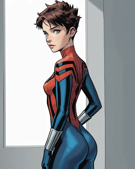 masterpiece, best quality, absurdres, perfect quality, absolutely eye-catching,   <lora:SpiderGirlMaydayIllus:1> sgmayday, 1girl, short hair, brown hair, blue eyes, bodysuit, spider web print, from side, ass, looking at viewer, \m/