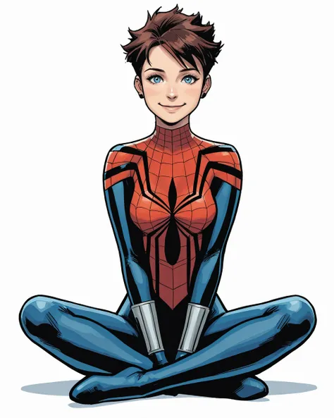 masterpiece, best quality, absurdres, perfect quality, absolutely eye-catching,   <lora:SpiderGirlMaydayIllus:1> sgmayday, 1girl, short hair, brown hair, blue eyes, smile, bodysuit, spider web print, sitting, full body,  white background, looking at viewer,