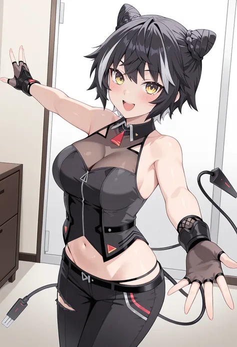 highres, best quality, masterpiece, indoors,
1girl, solo, npjagaa, short hair, two-tone hair, black hair, streaked hair, cone hair bun, double bun, yellow eyes, tail,
njagdef, collared shirt, see-through shirt, see-through cleavage, black shirt, sleeveless, fingerless gloves, midriff, lowleg pants, panties, black pants, torn pants,
looking at viewer, blush, smile,
dynamic pose, open mouth, outstretched arm, henshin,
<lora:_jagaa_nep-elesico-ilxlAa-000014:1>