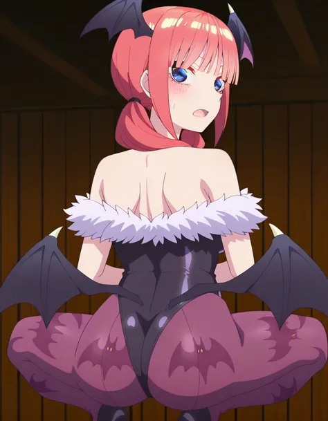masterpiece, best quality, amazing quality,, <lora:nino-nakano-honeymoon-illustriousxl-lora-nochekaiser:1>, nino nakano, short hair, bangs, blue eyes, twintails, pink hair, blunt bangs, medium hair, eyebrows hidden by hair, mature female, breasts, anime screencap, <lora:morrigan-aenslad-cosplay-illustriousxl-lora-nochekaiser:1>, morrigan aensland cosplay, head wings, lipstick, makeup, animal print, bat print, bat wings, black leotard, cleavage, clothing cutout, demon girl, fur trim, fur-trimmed leotard, heart cutout, leotard, low wings, pantyhose, print pantyhose, purple pantyhose, wings, bare shoulders, collarbone,, <lora:broly-culo-illustriousxl-lora-nochekaiser:1>, broly culo, broly culo (meme), squatting, ass, from behind, looking at viewer, looking back, back,, annoyed, open mouth, , ,