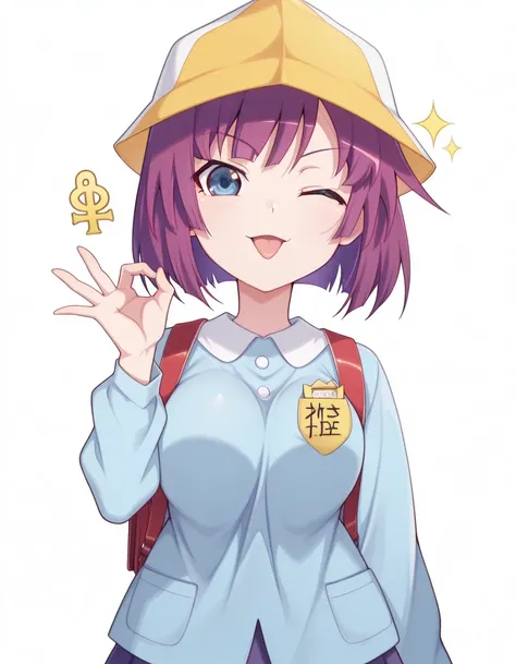 masterpiece, best quality, amazing quality,, <lora:hitagi-senjougahara-anime-illustriousxl-lora-nochekaiser:1>, hitagi senjougahara, bangs, short hair, blue eyes, purple hair, breasts, anime screencap, <lora:garten-uniform-illustriousxl-lora-nochekaiser:1>, garten uniform, tulip hat, yellow hat, randoseru, backpack, red bag, blue shirt, name tag, skirt, pleated skirt,, <lora:money-gesture-illustriousxl-lora-nochekaiser:1>, money gesture, smile, tongue out, looking at viewer, money eyes, sparkling, ok sign, one eye closed, upper body, money, yen sign, dollar sign, hand up,, one_eye_closed, open mouth, <lora:transparent-background-illustriousxl-lora-nochekaiser:1>, transparent background, simple background, white background, ,