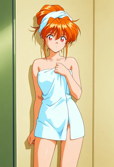 masterpiece, best quality, amazing quality, 1girl, solo, 1990s \(style\), retro_artsryle, anime coloring,
<lora:inoue_ritsuko_v01:0.9>, inoue_ritsuko, orange hair, long hair, red eyes,
collarbone, bare shoulders, naked towel, towel on head, hair up, posing,