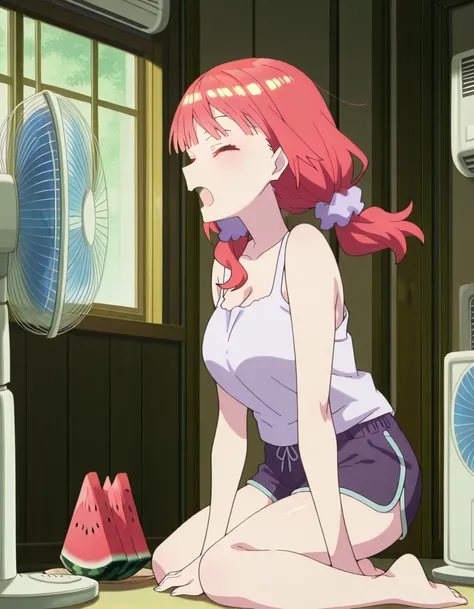 masterpiece, best quality, amazing quality,, <lora:nino-nakano-honeymoon-illustriousxl-lora-nochekaiser:1>, nino nakano, bangs, hair ornament, twintails, pink hair, blunt bangs, medium hair, scrunchie, eyebrows hidden by hair, purple scrunchie, mature female, breasts, anime screencap, <lora:cooling-down-in-front-of-electric-fan-illustriousxl-lora-nochekaiser:1>, cooling down in front of electric fan, open mouth, cleavage, sitting, closed eyes, food, shorts, barefoot, indoors, short shorts, window, kneeling, fruit, tank top, wind, watermelon, dolphin shorts, electric fan, air conditioner,, , ,