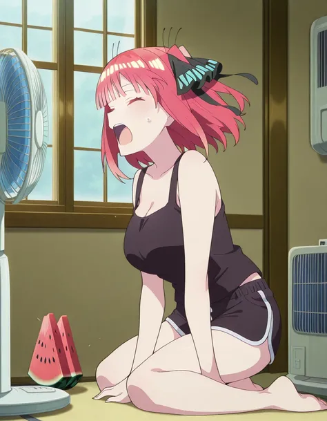 masterpiece, best quality, amazing quality,, <lora:nino-nakano-s2-illustriousxl-lora-nochekaiser:1>, nino nakano, short hair, bangs, hair ornament, hair ribbon, pink hair, blunt bangs, two side up, butterfly hair ornament, mature female, breasts, anime screencap, <lora:cooling-down-in-front-of-electric-fan-illustriousxl-lora-nochekaiser:1>, cooling down in front of electric fan, open mouth, cleavage, sitting, closed eyes, food, shorts, barefoot, indoors, short shorts, window, kneeling, fruit, tank top, wind, watermelon, dolphin shorts, electric fan, air conditioner,, , ,