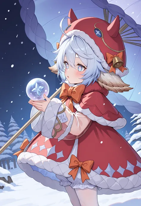 highres, best quality, masterpiece, snow, night, crystal ball, 
1girl, solo, gbfwam, short hair, white hair, blue hair, animal ears, ahoge, blue eyes, + +, flower-shaped pupils,
gbwmmas, fur-trimmed headwear, hat bell, red headwear, red dress, fur-trimmed dress, orange bow, red capelet, fur-trimmed capelet, long sleeves, see-through sleeves, wide sleeves, sleeves past wrists, white pantyhose, bloomers,
blush, open mouth, expressionless,
own hands together, from side, umbrella,
<lora:_wamdus-elesico-ilxlA:1>