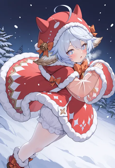 highres, best quality, masterpiece, snow, night,
1girl, solo, gbfwam, short hair, white hair, blue hair, animal ears, ahoge, blue eyes, + +, flower-shaped pupils,
gbwmmas, fur-trimmed headwear, hat bell, red headwear, red dress, fur-trimmed dress, orange bow, red capelet, fur-trimmed capelet, wide sleeves, sleeves past wrists, white pantyhose, bloomers, see-through sleeves, red poncho,
blush, open mouth, expressionless,
looking at viewer, dynamic pose, from side, from above,
<lora:_wamdus-elesico-ilxlA:1>