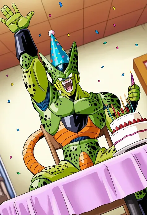 a20ins3cts, s3mi, blue eyes, orange tail, stinger, sitting on chair, arm raised, looking at cake, solo, muscular, 
happy, party hat, indoors, birthday, confetti, chair, table, celebration, dutch angle, (anime), artist:toriyama akira, no humans,