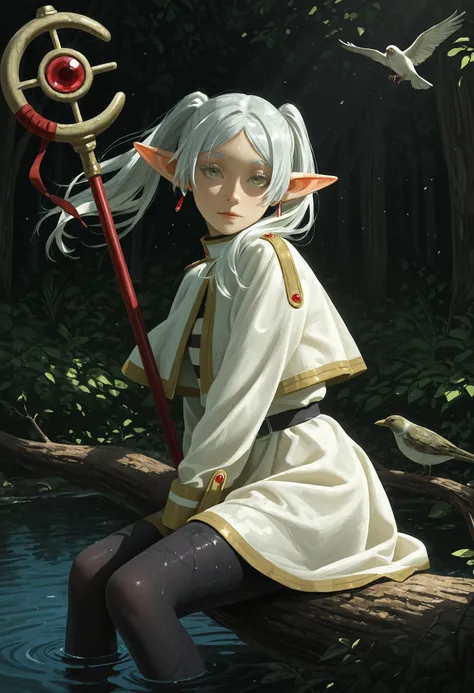 sbjy2, bad_anatomy, bad_face, 1girl, frieren, solo, green eyes, staff, outdoors, elf, tree, long hair, white capelet, twintails, pointy ears, pantyhose, colored eyelashes, looking at viewer, lake, water, wet, floating hair, bird, nature, scenery, tree shade, dappled sunlight, sitting in the dark shade of a tree, dark, high contrast, light beam, close-up, masterpiece, amazing quality, detailed, intricate detail, sharpened image, highres, amazing aesthetic, cinematic lighting, very awa, 4k, newest 2025, latest, , <lora:27a501b0-472b-47fa-b03e-a30406c1b918:0.9>