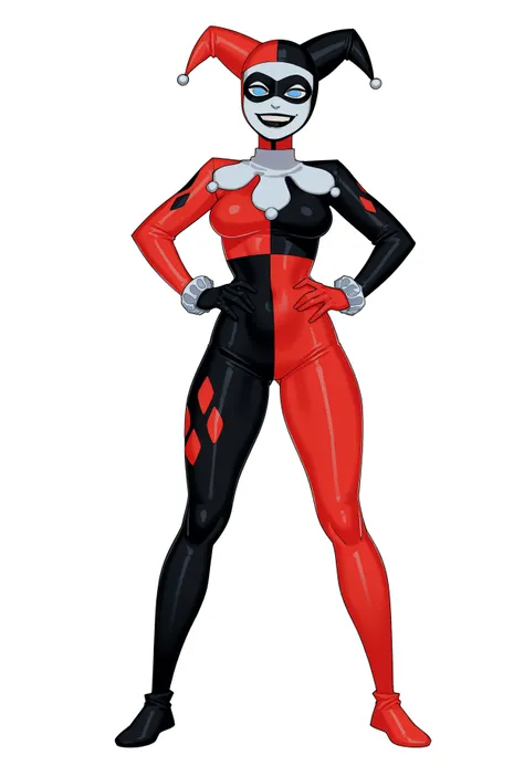best quality, amazing quality, very aesthetic, absurdres,
1girl, harleyquinn, domino mask, jester cap, blue eyes, no pupils, black lips,
bodysuit,
full body, hands on hips, 
standing, solo, looking at viewer, simple background , white background,   <lora:HarleyQuinn1992NoobXL_byKonan:1>