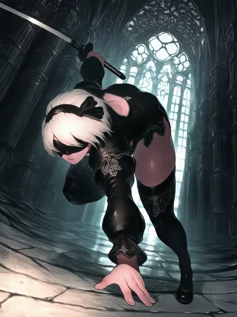 <lora:Nier_Rein2B-IL:0.8> 1girl, solo, indoors, gothic architecture, nier2Bdivergent, hairband, blindfold, short dress, puffy sleeves, thighhighs, clothing cutout, holding weapon, katana, sliding, action, foreshortening, saigalisk, ibuo, masterpiece, best quality, detailed, highres, newest, recent, very awa, very as2