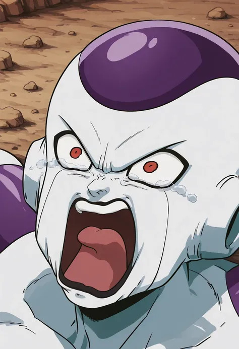 masterpiece, best quality, 1boy, solo,  zzFrieza,   ,<lora:FriezaDBZ_IXL_v2:1.0>,   <lora:crying-aqua-illustriousxl-lora-nochekaiser:1.0> crying aqua, crying aqua (meme), screaming, crying, crying with eyes open, tears, tongue, open mouth,