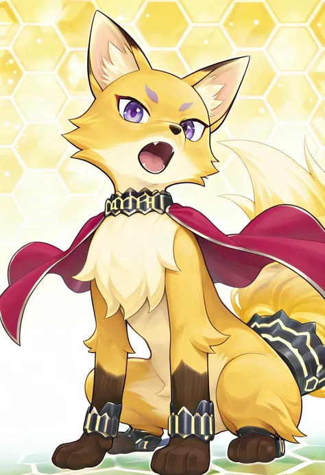 masterpiece,best quality,absurdres,perfect lighting,honeycomb background,
*//*,<lora:Majespecter_Fox-Illustrious:0.9>,majes_fox,solo,purple eyes,animal,fox,red cape,no humans,full body,honeycomb (pattern),
*//*,looking at viewer,cowboy shot,dutch angle,sitting,open mouth,serious,