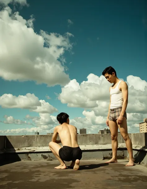 By Wong Kar-Wai. .A photo-realistic shoot from the side about two men on a rooftop, one in a tank top and plaid shorts, and the other in a squatting position. the image also shows a clear blue sky with fluffy white clouds and a cityscape in the background. on the right side of the image, a young man with short black hair and a white tank top is standing with his legs slightly apart, wearing plaid boxer shorts. he appears to be in his mid-twenties, with a relaxed expression on his face. he is facing away from the camera, with his eyes closed and his mouth slightly open, giving a sense of calmness to the scene. in the foreground, another young man is kneeling on the ground, wearing black shorts and no shoes, looking down at him with a contemplative expression. he seems to be listening intently to the younger man, who is wearing no clothing and no accessories. the older man is positioned on the left side, but his younger son is positioned in front of him, looking back over his shoulder.