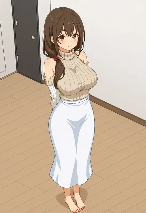 score_4,score_5,score_6,score_7_up,score_8_up,score_9 ((masterpiece,best quality,ultra detailed,highres,HD,4k:1.2)), 
1girl
solo
brown hair
barefoot
sweater
skirt
breasts
oekaki
jaggy lines
ribbed sweater
large breasts
long hair
white skirt
turtleneck
smile
hair over shoulder
wooden floor
standing
bare shoulders
long skirt
full body
indoors
bird's-eye view