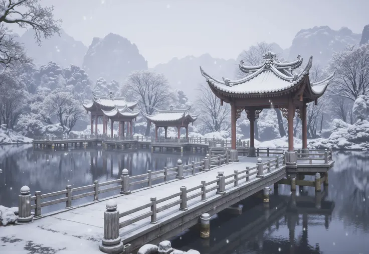 AAA3A,A serene and snow-covered landscape,featuring traditional Chinese-style pavilions. The tones are soft,mainly white,blue and grey. The central focus is a wooden bridge that extends from the foreground to the background,leading to a pavilion with a traditional roof. Part of the bridge is covered with snow,adding a peaceful atmosphere. Around the bridge,the water surface is calm and reflective,reflecting the snow-capped mountains and the bridge itself. The mountains in the background are depicted as soft and hazy shadows,creating a sense of distance and tranquility. The sky was grey,adding to the tranquility of the picture. Snowflakes gently fall,adding a sense of movement and depth to the picture. The overall composition is balanced and harmonious,emphasizing the beauty of nature and the tranquility of the landscape.,<lora:AAA3A-000011:0.85>,