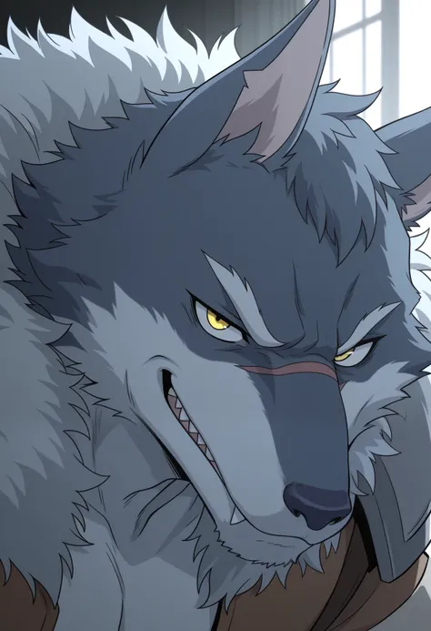 masterpiece,best quality,amazing quality, 1boy, solo, p4l0, wolf, yellow eyes, fur-trimmed vest, single pauldron, close up, side angle, smirk, looking at viewer,