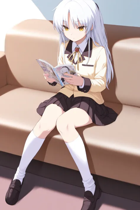 masterpiece, best quality, 1girl, solo, <lora:abtenshi-illu-nvwls-v1-000006:1> tkne, white hair, long hair, yellow eyes, yellow blazer, white shirt, neck ribbon, yellow ribbon, collared shirt, black skirt, pleated skirt, miniskirt, white socks, kneehighs, loafers, sitting, couch, reading manga, expressionless