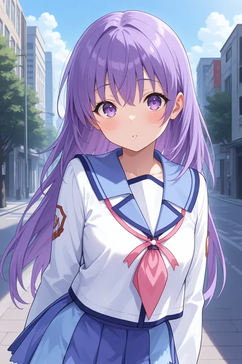 masterpiece, best quality, 1girl, solo, <lora:abirie-illu-nvwls-v1-000006:1> mkir, purple hair, long hair, hair between eyes, purple eyes, blue sailor collar, white shirt, long sleeves, pink neckerchief, neck ribbon, blue skirt, miniskirt, pleated skirt, multicolored skirt, upper body, looking at viewer, parted lips, looking at viewer, blush, blue sky, city street, trees