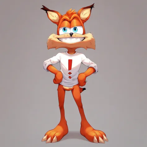 score_9, score_8_up, score_8, score_7, source_cartoon, Bubsy, 1boy, solo, anthro, male furry, orange fur, bobcat, blue eyes, black nose, bobcat tail, short tail, claws, red exclamation mark printed white shirt, full body, looking at viewer, smiling, grin, standing, hands on hips, forest background,