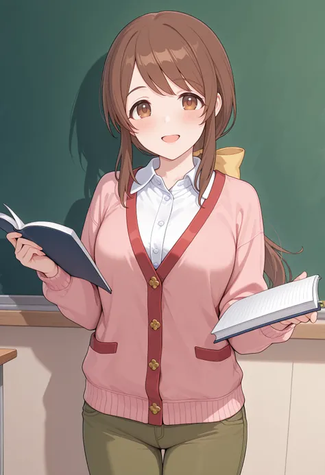 highres, best quality, masterpiece, indoors, chalkboard, 
1girl, solo, rlpmisato, brown hair, long hair, low ponytail, brown eyes, tareme,	
pink cardigan, hair bow, yellow bow, buttons, white shirt, collared shirt, red trim, green pants, brown pants,
looking at viewer, blush, smile, open mouth, 
standing, holding notebook, 
<lora:_misato_pcr-elesico-ilxlB:1>