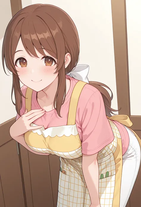 highres, best quality, masterpiece, indoors,
1girl, solo, rlpmisato, brown hair, long hair, low ponytail, brown eyes, tareme,	
pink shirt, hair bow, white bow, short sleeves, yellow apron, checkered apron, white pants,
blush, smile,
looking at viewer, leaning forward, hand on own chest, dutch angle,
<lora:_misato_pcr-elesico-ilxlB:1>