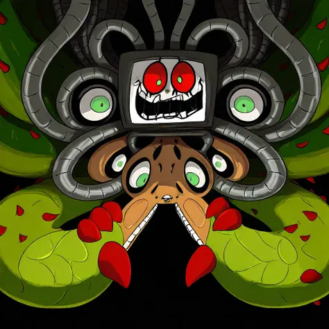 masterpiece, best quality, amazing quality, very aesthetic, absurdres, newest, anthro, cartoony, tv screen face, red sclera, green pupils, monitor head, giant plant monster, twisted vines, grey mechanical tendrils, dark green leaves,