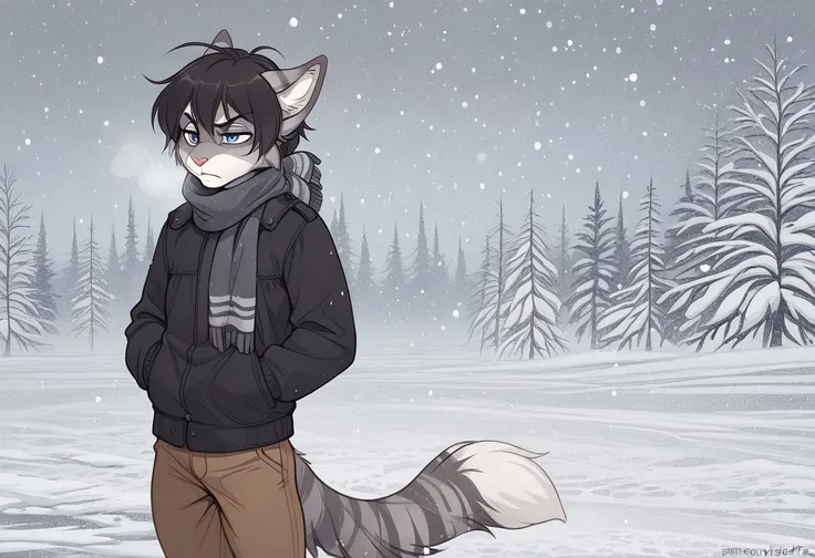 best quality, detailed, beautiful, edgarIskra, black hair, blue eyes, striped fur, grey fur, skinny, 1boy, solo, furry, winter, outside, hands in pockets, scarf, black jacket, brown pants, scowl, cold, shivering, closed mouth, snowing, snow