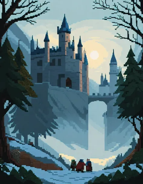 <lora:MW_Minis_pixpixill:1> pixpix, pixel art, medieval castle landcape, big pixels, scene, day,, winter, mist