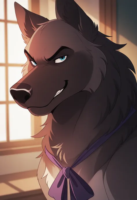 masterpiece,best quality,amazing quality, 1boy, solo, b4lt4z4r, dog, multicolored fur, blue eyes, purple neck ribbon, close up, side angle, smirk, looking at viewer,