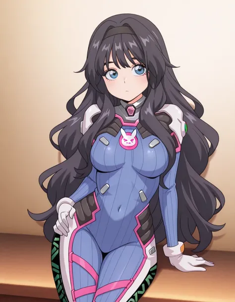 masterpiece, best quality, amazing quality,, <lora:kaoruko-waguri-alpha-illustriousxl-lora-nochekaiser:1>, kaoruko waguri, long hair, blue eyes, black hair, very long hair, sidelocks, hairband, wavy hair, hair intakes, black hairband, mature female, medium breasts, anime screencap, <lora:overwatch-dva-cosplay-illustriousxl-lora-nochekaiser:1>, overwatch dva cosplay, d.va (overwatch) (cosplay), bodysuit, cosplay, covered navel, skin tight, vertical-striped bodysuit, <lora:princess-leia-pose-illustriousxl-lora-nochekaiser:1>, princess leia pose, sitting, hand on own hip, lying, arm support, ,