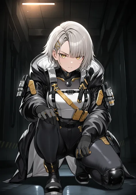 1girl, <lora:vector_easy_try3_2_sn:1>, vtr, grey hair, hairclip, tactical clothing, black gloves, black jacket, tight pants, single knee pad, chest knife sheathe, black boots, on one knee, looking at viewer, serious expression,
indoors, dark background, alleyway, dim lighting,
high resolution, ultra-detailed, absurdres, masterpiece, best quality, good quality, newest