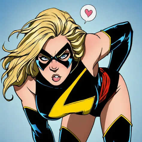 carol danvers \(marvel\), blonde hair, long hair, domino mask, eyes visible, blue eyes, black leotard, lightning bolt symbol, sash, black thighhighs, heels, large breasts, 1girl, solo, leaning forward, blowing kiss, heart, anime screencap, simple background, masterpiece