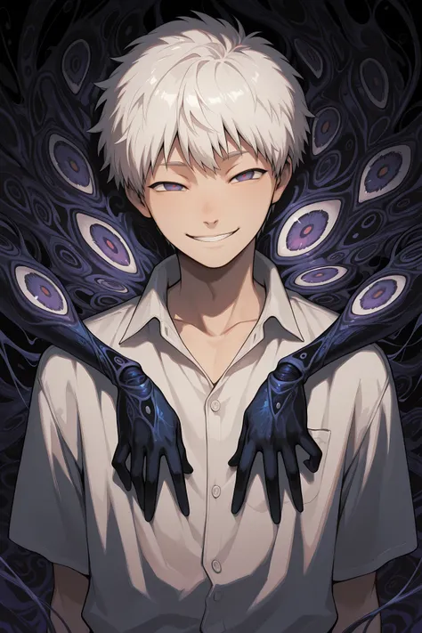 masterpiece, best quality, absurdres, hikaru_indou, 1boy, male focus, smile, solo, shirt, shadow_tendrils   <lora:hikaru_indou:0.8>
