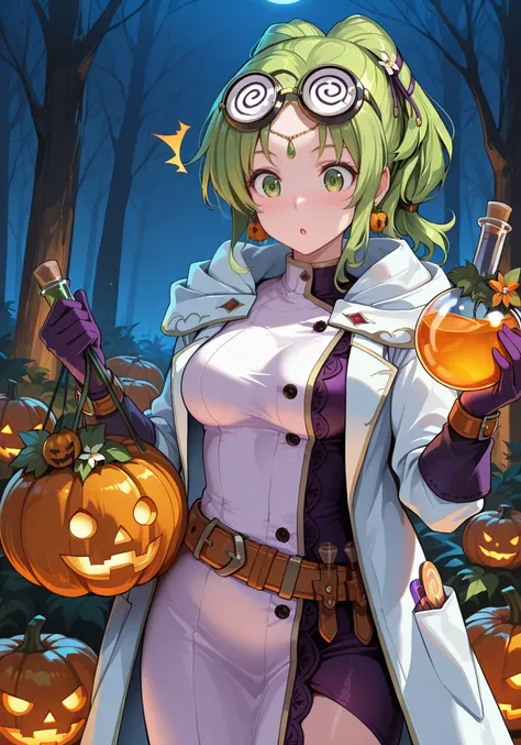 masterpiece, best quality, 1girl, solo, medium breasts, holding flask, looking at flask, parted lips, :o, surprised, close-up, <lora:LArachel-000010:1>, L'ArachelFE1, green hair, green eyes, twintails, circlet, LarachelHAL, googles on head, lab coat, belt, purple gloves, two-tone dress, earrings, magical forest, flowers, trees, pumpkin, night,