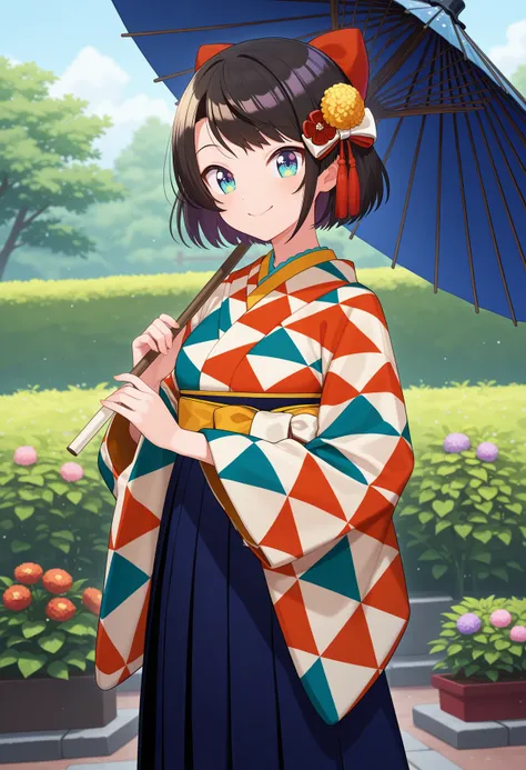 best quality, masterpiece, 1girl, ddsubaru, short hair, black hair, hair bow, kanzashi, tassel hair ornament, print kimono, multicolored kimono, long sleeves, wide sleeves, sash, hakama skirt, blue skirt, <lora:oozora_subaru_ilxl_v1:0.9>, standing, cowboy shot, garden, holding umbrella, smile,