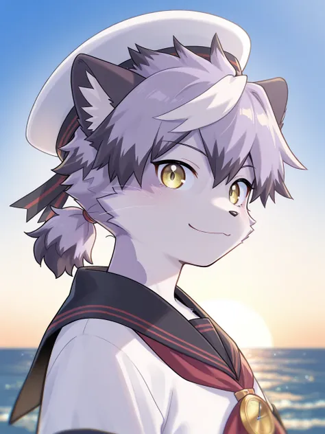 (masterpiece, best quality, very aesthetic, newest, 2024:1.2,cinematic lighting), from side,face portrait,
j0ez3n,furry, furry male, male focus, 1boy, solo, cat boy, yellow eyes, sailor hat, sailor uniform, red neckerchief, compass necklace, close up, side angle, looking at viewer, smile, simple background,ocean,sky,
<lora:Joezen:1>