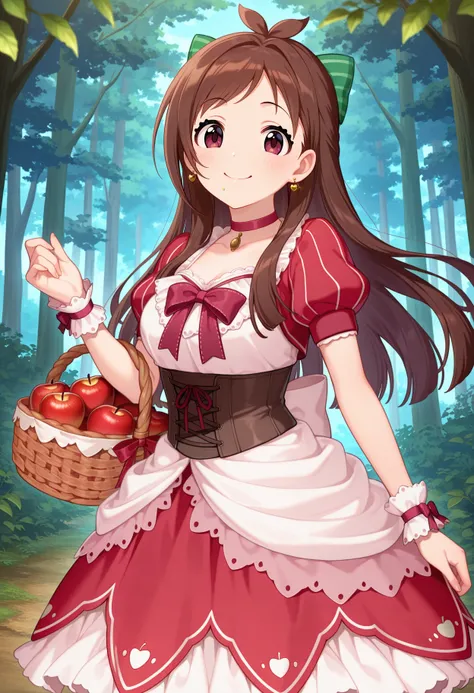 best quality, masterpiece, 1girl, aaakari, long hair, brown hair, antenna hair, hair bow, green bow, earrings, red choker, red bowtie, two-tone dress, red dress, white dress, puffy short sleeves, wrist cuffs, brown corset, <lora:tsujino_akari_ilxl_v1:0.9>, standing, cowboy shot, forest, basket, food, apple, smile,