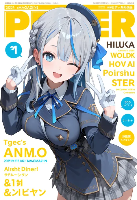 best quality, masterpiece, 1girl, aaruka, long hair, streaked hair, grey hair, braid, beret, blue headwear, ear piercing, blue eyes, blue capelet, neck ribbon, collared shirt, blue jacket, long sleeves, white gloves, plaid skirt, grey skirt, <lora:amagai_ruka_ilxl_v1:0.9>, peace sign, v, one eye closed, smile, open mouth, magazine cover,