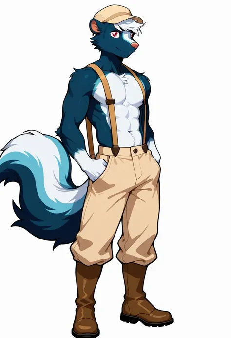 Solo,male,skunk, anthro,furry,Big tail,beige hat,red eyes,blue_fur,two-tone fur,white hands,white head tuft,white collared shirt,beige suspenders,beige slacks, Brown boots, white background, athletic body 
BREAK masterpiece ,best quality, amazing quality, newest, amazing quality, very aesthetic, absurdres, newest, masterpiece, Perfect anatomy, perfect hands