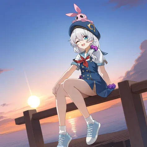 masterpiece, best quality, ultra-detailed, very aesthetic, detailed background, year 2023, very aesthetic, newest, scenery, highres, 4k, absurdres, 8k, colorful,vibrant, glowing, perfect face, 2d, perfect eyes, detailed eyes, 1girl, solo, sun, sky, evening, sunset, clouds, pier, wooden pier, wooden railing, sitting on railing, angled shot, dangling legs, hands on railing, looking at viewer, one eye closed, wink, excited smile, open mouth, from side, from below, dutch angle, white socks, light blue footwear, hand on knee, sneakers, Hi3Pack09, Sum_Tri, theresa apocalypse, medium hair, white hair, blue eyes, stuffed animal, animal on head, summer uniform, pinafore dress, strap slip, pink stuffed toy, overall skirt, blue dress, suspenders, blue headwear, beret, side braid, magenta scrunchie, light blue sailor collar, red neckerchief, sailor shirt, white sailor shirt, short sleeves, double-breasted, blue skirt,
  masterpiece, best quality, ultra-detailed, very aesthetic, newest, scenery, absurdres, perfect anatomy, perfect legs, perfect face, perfect eyes, clear eyes, beautiful eyes, perfect feet,