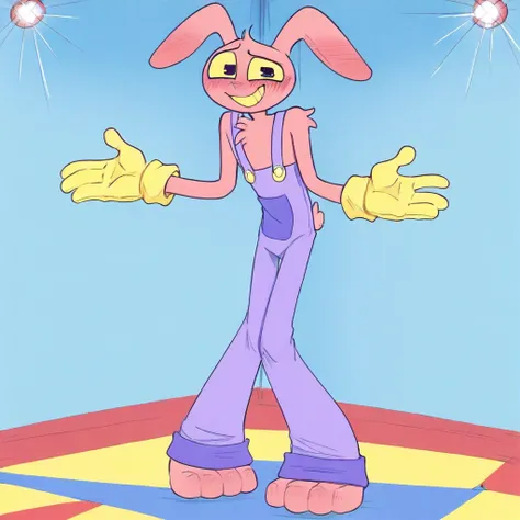 EJ(character), male, anthro, blush, furry, rabbit, pink body, Purple overalls, yellow gloves, solo, smile, circus, inside, Standing, full body, bare feet,