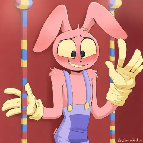 EJ(character), male, anthro, furry, blush, rabbit, pink body, Purple overalls, yellow gloves, solo, smile, circus, inside, upper body,