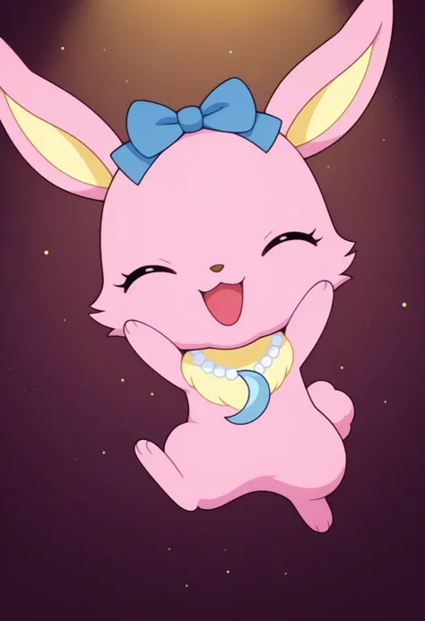 best quality, masterpiece, lunajp, rabbit, feral, closed eyes, solo, open mouth, smile, looking at viewer, necklace, furry, yellow chest fur, head accessory, jumping