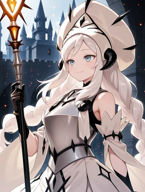 white relic of dogmatika, 1girl, blue eyes, solo, black gloves, staff, castle, white mitre, smile, white waist cape, holding staff, white detached sleeves, black horns, upper body, twin braids, white breastplate, white pelvic curtain,
masterpiece,best quality,amazing quality,very aesthetic,absurdres,newest,scenery,extreme detail,8k,light particles,soft lighting,volumetric lighting,intricate details,finely detailed,<lora:White Relic of Dogmatika illusXL v1:0.75>,